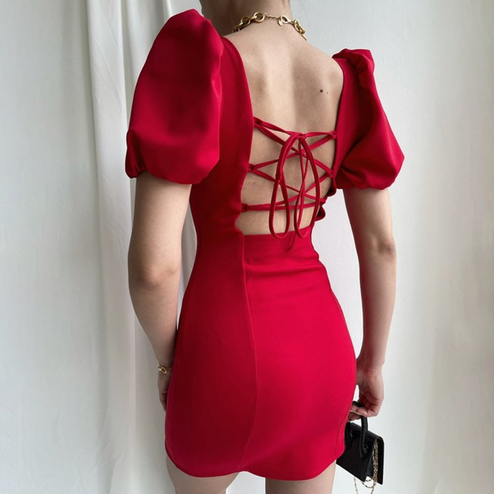 RED RUFFLE MINI PUFF SLEEVE DRESS - Picture 2 of 8